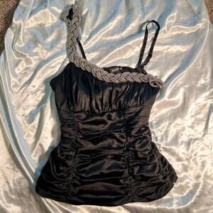 Vintage Bebe Y2K Black One-Shoulder Rhinestone Ruched Clubwear Top